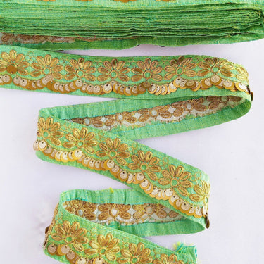 Indian Sari Trim, Green Art Silk Fabric With Gold Thread Embroidered Flowers Trim, Gold Sequins